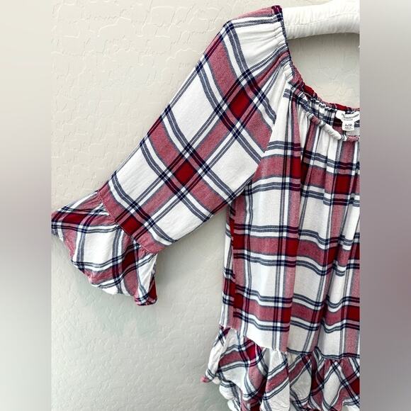 BEACH LUNCH LOUNGE | Red Plaid Ruffle Hem Peasant Top | Size Large - Picture 3 of 6